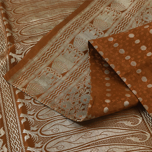 Sanskriti Vintage Brown Saree Pure Satin Silk Brocade/Banarasi Woven Sari Sustainable Fabric