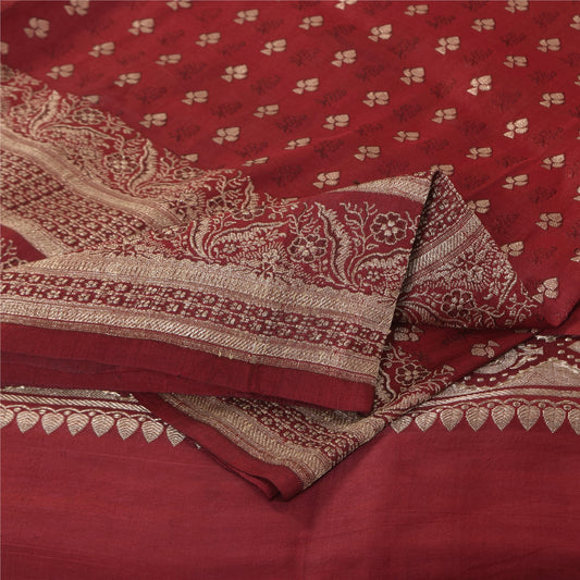 Sanskriti Vintage Red Saree Pure Silk Woven Brocade/Banarasi Craft Fabric Sari