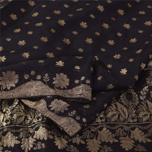 Sanskriti Vintage Black Sarees Pure Silk Brocade/Banarasi Woven Sari 5+yd Sustainable Fabric