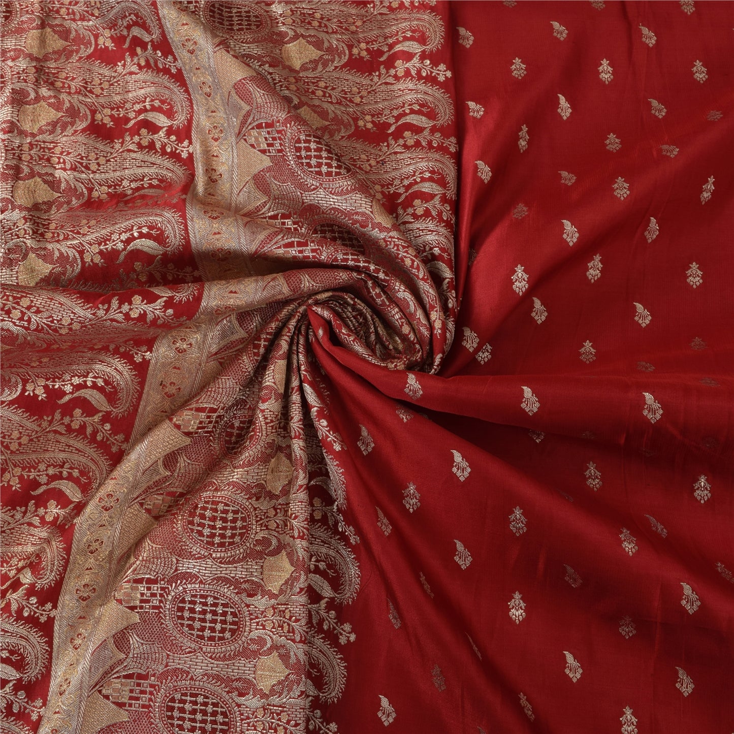 Sanskriti Vintage Red Sarees Pure Satin Silk Brocade/Banarasi Woven Sari Sustainable Fabric
