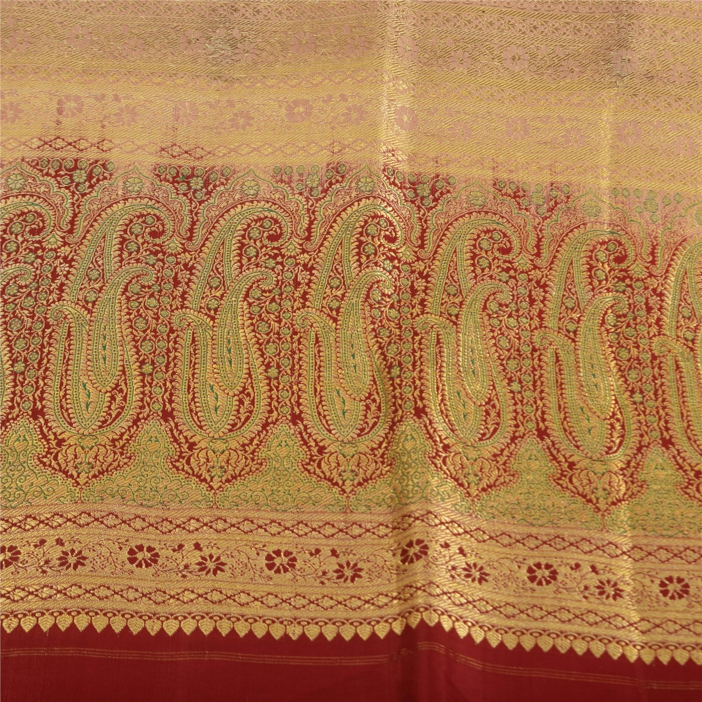 Sanskriti Vintage Cream Sarees Pure Satin Silk Brocade Banarasi Sari 6+yd Fabric