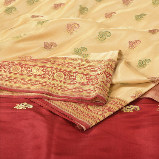 Sanskriti Vintage Cream Sarees Pure Satin Silk Brocade Banarasi Sari 6+yd Fabric