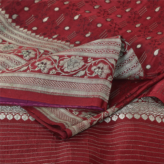 Sanskriti Vintage Red Sarees Pure Satin Silk Brocade/Banarasi Woven Sari Sustainable Fabric