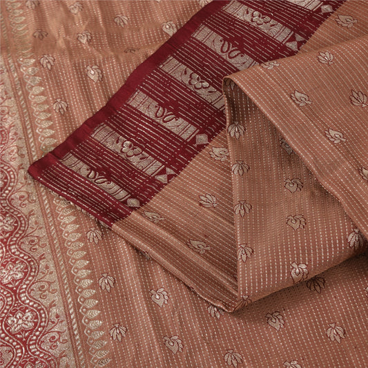 Sanskriti Vintage Peach Sarees Pure Silk Brocade/Banarasi Woven Sari 5yd Fabric