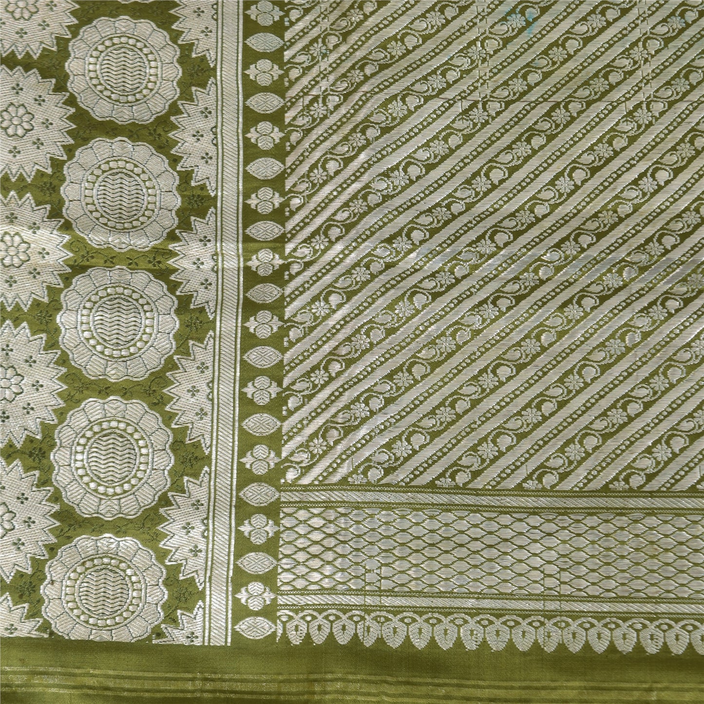 Sanskriti Vintage Green Sarees Pure Satin Silk banarasi Brocade Woven Sari Craft Sustainable Fabric