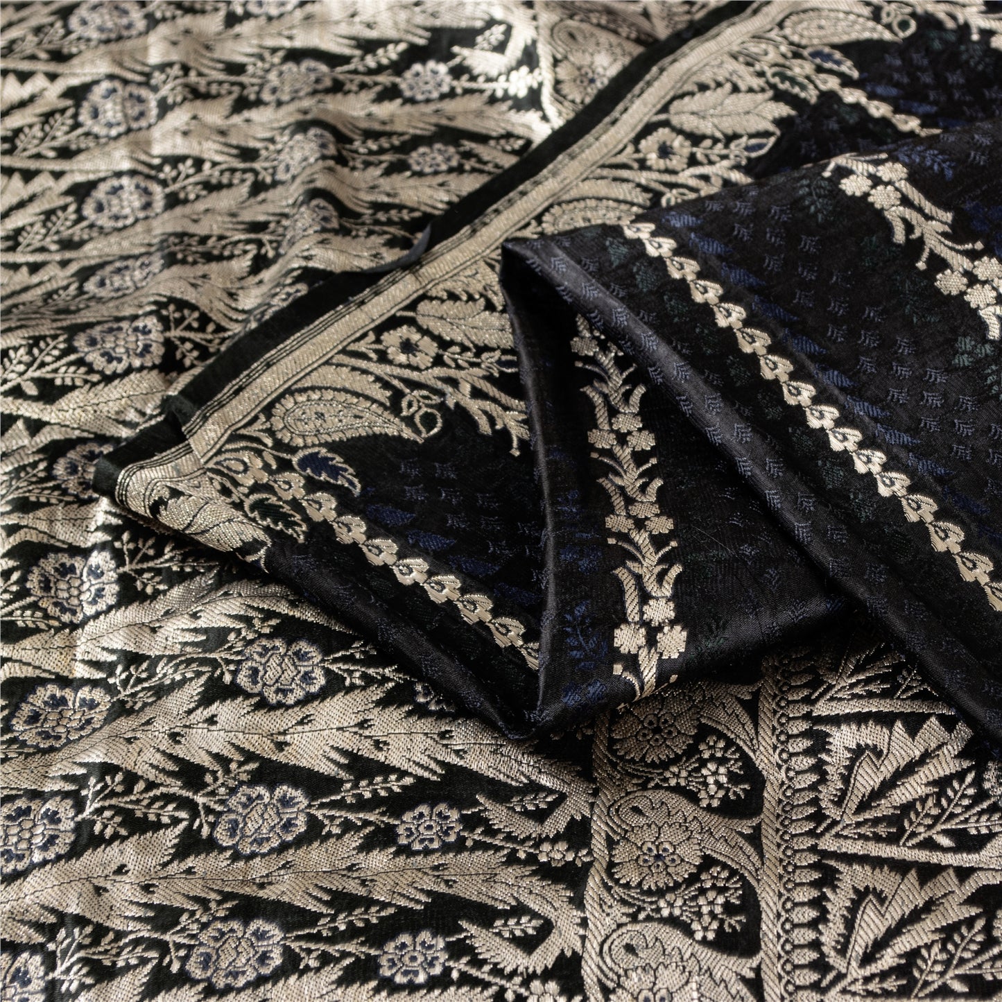 Sanskriti Vintage Sarees Black Banarasi Brocade ZariWoven Pure Satin Sari Fabric