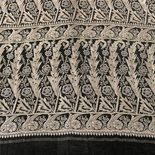 Sanskriti Vintage Sarees Black Banarasi Brocade ZariWoven Pure Satin Sari Fabric