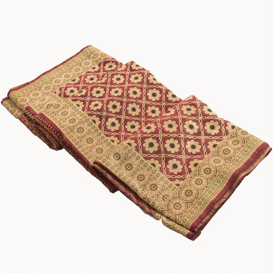 Sanskriti Vintage Sarees Red Banarasi Brocade Woven Pure Satin Sari 5+Yd Fabric