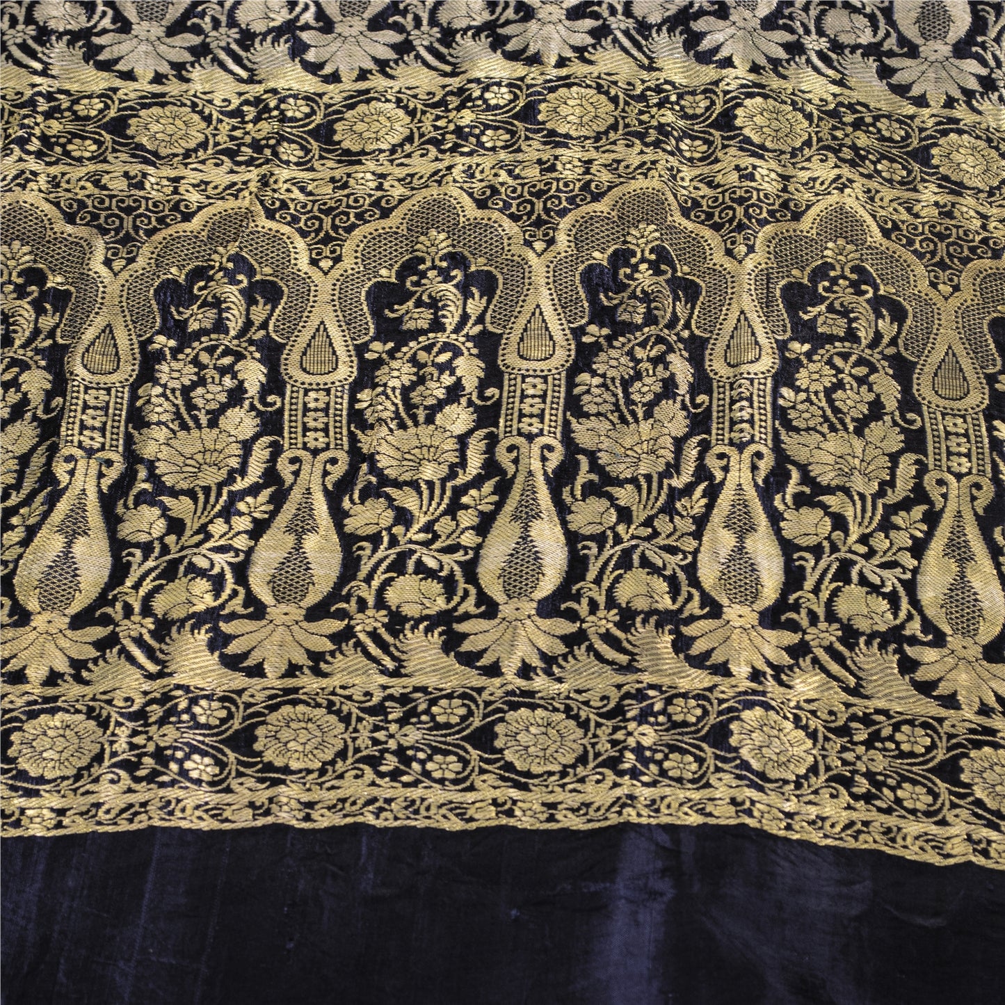 Sanskriti Vintage Black Pure Satin Sarees Banarasi Brocade Zari Woven 5 YD Sari