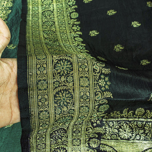 Sanskriti Vintage Saree Green Pure Satin Banarasi Brocade Zari Hand-Woven Sari
