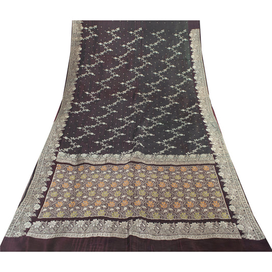 Sanskriti Vintage Sarees Wine Banarasi Brocade Zari Woven Pure Silk Sari Fabric