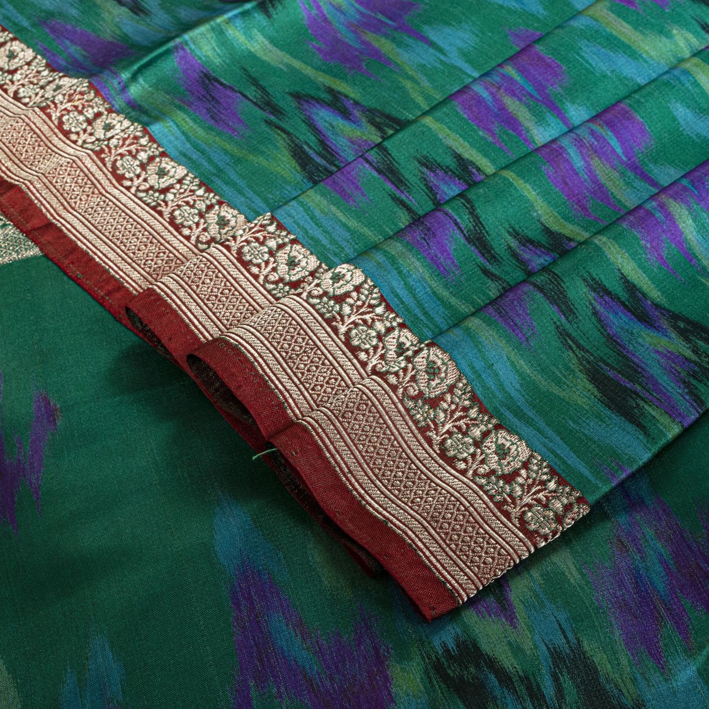 Sanskriti Vintage Green Pure Satin Saree BanarasiBrocade Zari-Ikat Handmade Sari