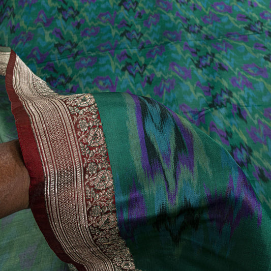 Sanskriti Vintage Green Pure Satin Saree BanarasiBrocade Zari-Ikat Handmade Sari