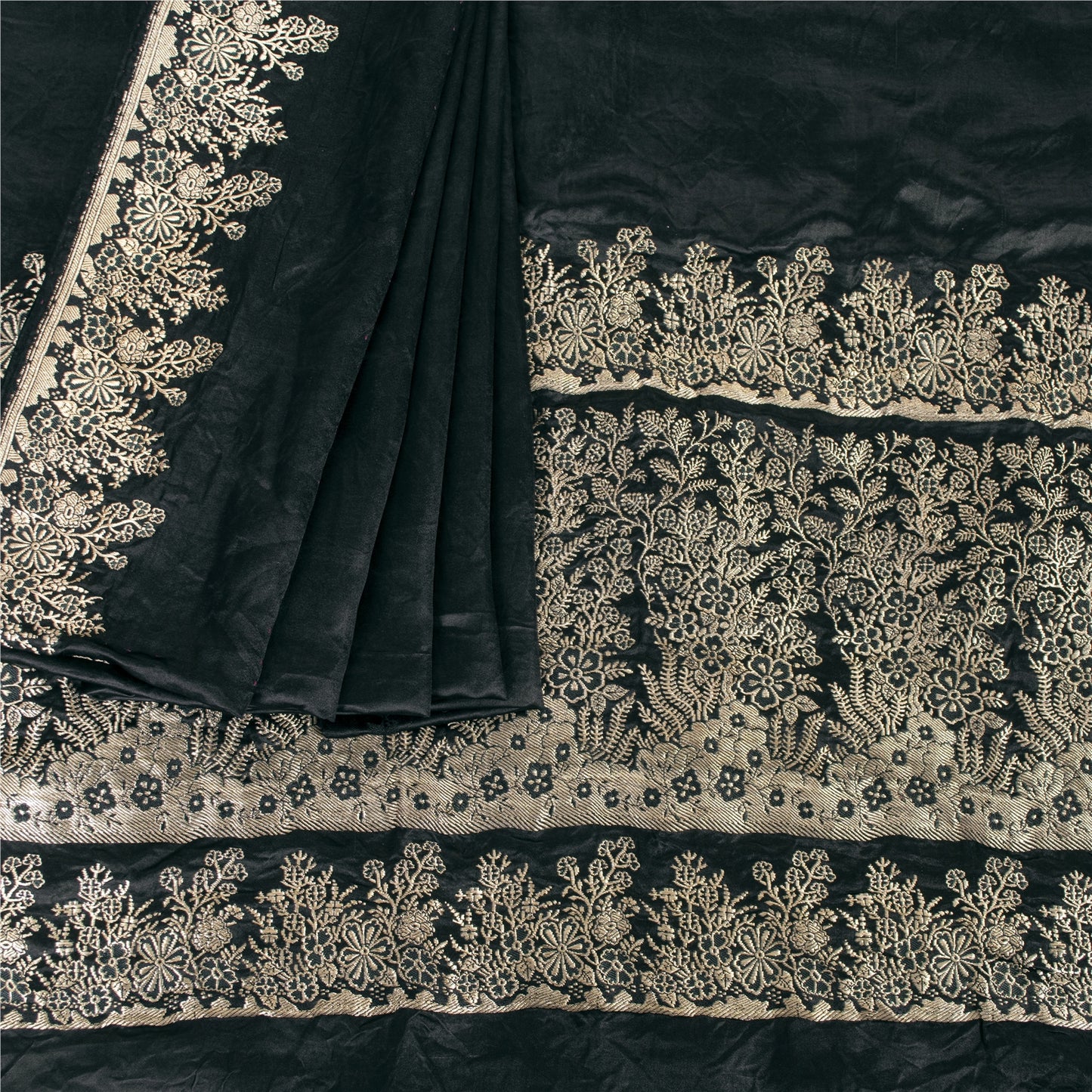 Sanskriti Vintage Sarees BlackBanarasi Brocade Zari Woven Pure Satin Sari Fabric