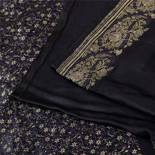 Sanskriti Vintage Sarees Black Banarasi Brocade Zari Woven Pure Silk Sari Fabric