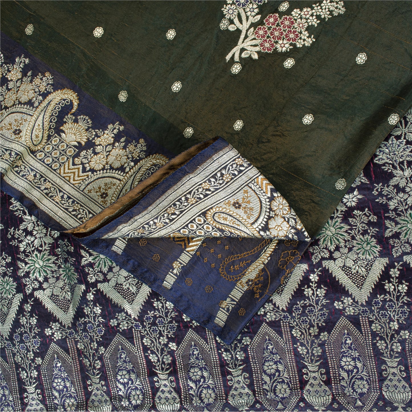 Sanskriti Vintage Sarees Green Banarasi Brocade Zari Woven Pure Sari 5+YD Fabric