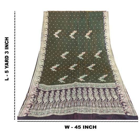 Sanskriti Vintage Sarees Green Banarasi Brocade Zari Woven Pure Sari 5+YD Fabric