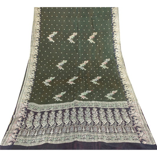 Sanskriti Vintage Sarees Green Banarasi Brocade Zari Woven Pure Silk Sari 5+YD Fabric