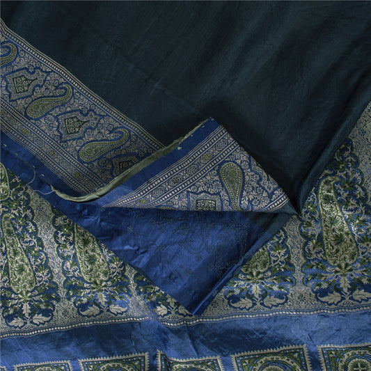 Sanskriti Vintage Sarees Blue Banarasi Brocade Woven Pure Satin Sari 5+YD Fabric