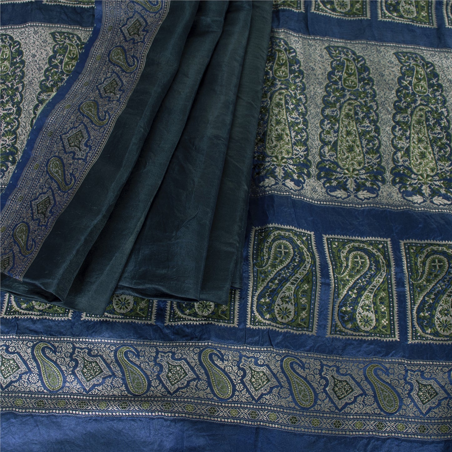 Sanskriti Vintage Sarees Blue Banarasi Brocade Woven Pure Satin Sari 5+YD Fabric