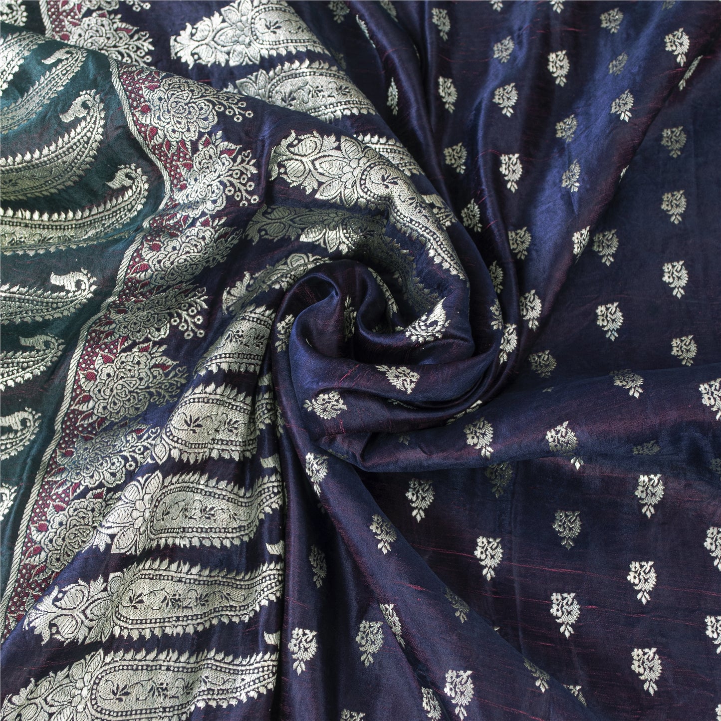 SANSKRITI VINTAGE BLUE SAREE PURE SATIN SILK BROCADE/BANARASI WOVEN SARI