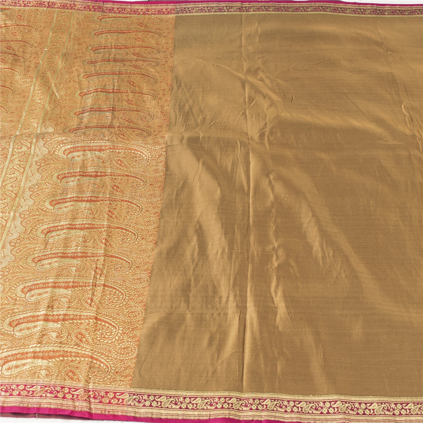 Sanskriti Vintage Sarees Brown BanarasiBrocade Zari Woven Pure Satin Sari Fabric