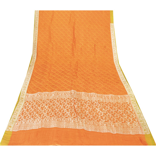 Sanskriti Vintage Saree 100% Pure Satin Silk Orange Sarees Wedding Banarasi Brocade Zari Hand Woven 5+Yd Fabric Upcycled Sarongs Scarves