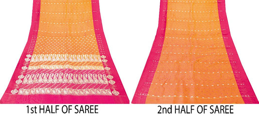 Sanskriti Vintage Mustard Yellow Sarees Soft 100% Pure Satin Woven Brocade Banarasi 5+YD Sari