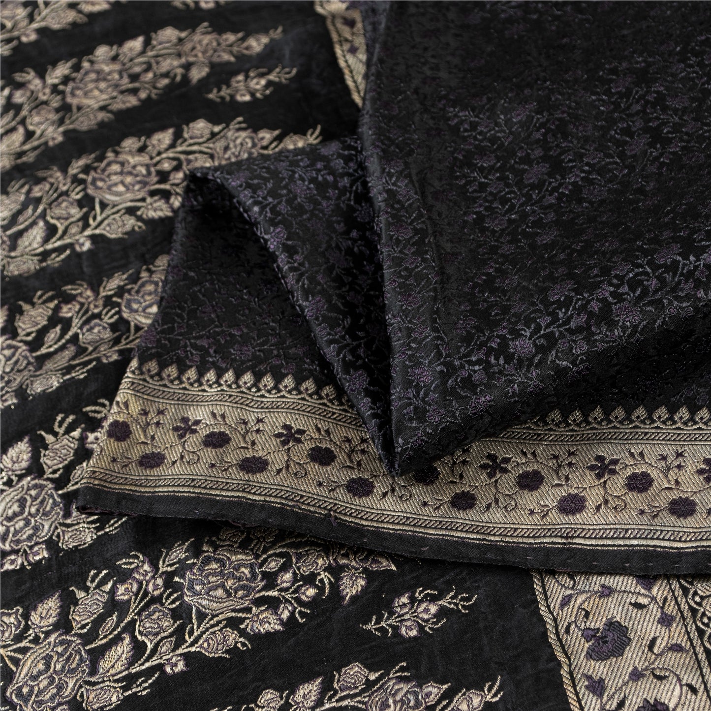 Sanskriti Vintage Sarees Black Banarasi Brocade ZariWoven Pure Satin Sari Fabric