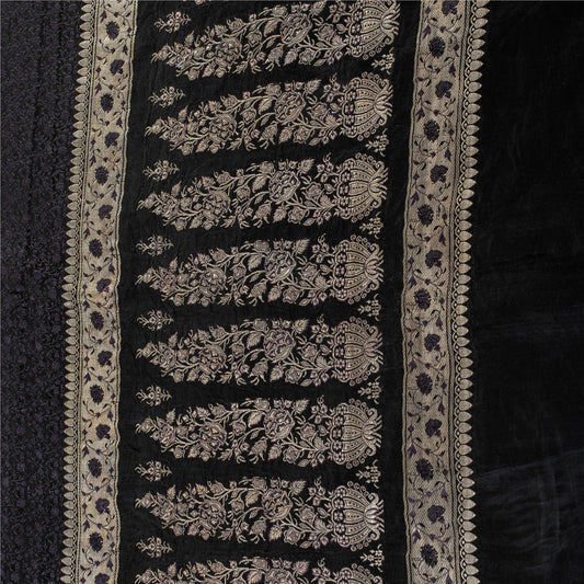 Sanskriti Vintage Sarees Black Banarasi Brocade ZariWoven Pure Satin Sari Fabric