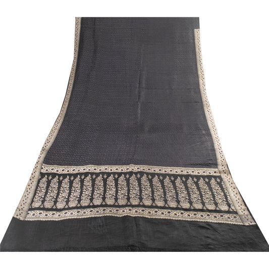 Sanskriti Vintage Sarees Black Banarasi Brocade ZariWoven Pure Satin Sari Fabric