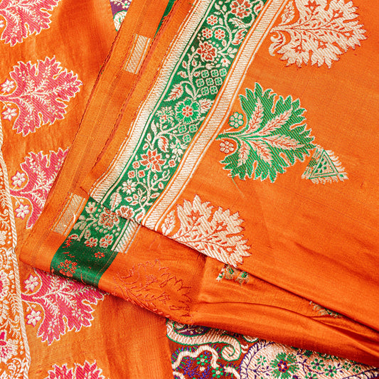 Sanskriti Vintage Orange Pure Satin Sarees Banarasi Brocade Hand Woven 5+YD Sari