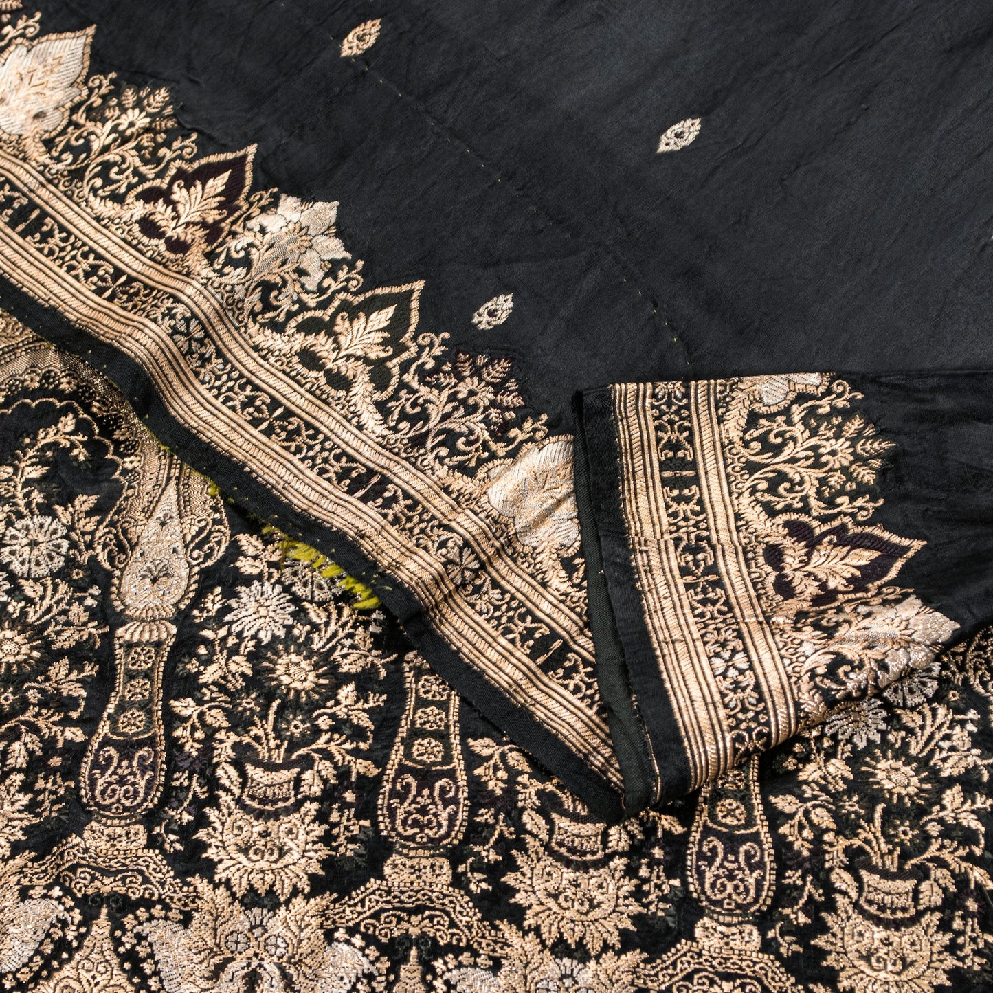 Sanskriti Vintage Saree Black 100% Pure Satin Silk 5+Yd Sari Banarasi Brocade Zari Hand Woven Create Dresses, Kaftan, Skirt, Top, Project