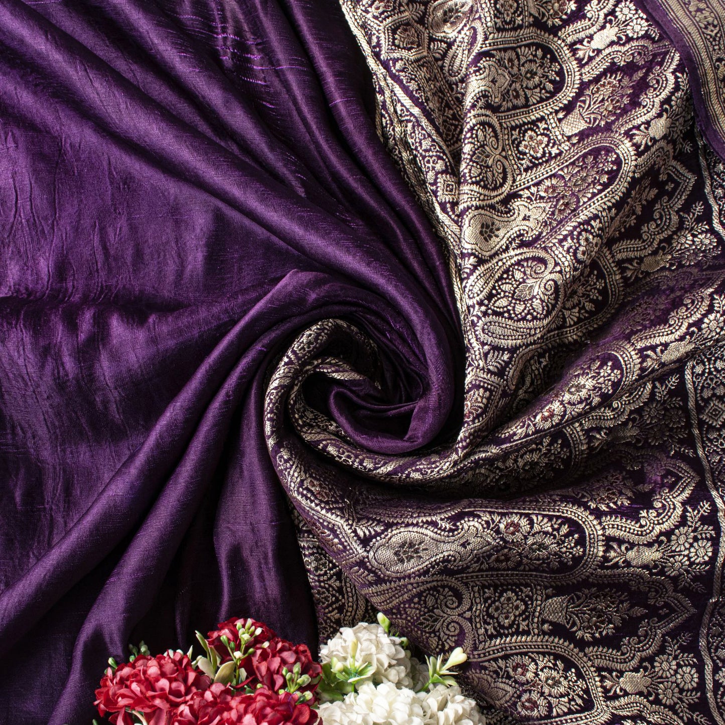 Sanskriti Vintage Violet Pure Satin Saree Banarasi Zari Brocade Blouse Pc Sari