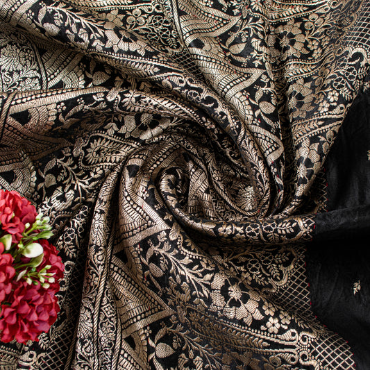 Sanskriti Vintage Black Pure Satin Sarees Banarasi Brocade Zari Hand Woven 5+ YD