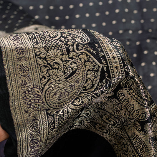 Sanskriti Vintage Black Pure Satin Sarees Banarasi Brocade Zari Hand Woven 5+YD