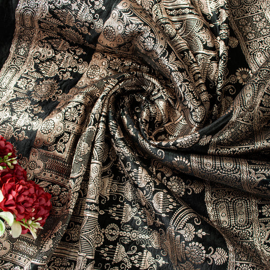 Sanskriti Vintage Black Pure Satin Sarees Banarasi Brocade Zari Hand-woven 6+YD