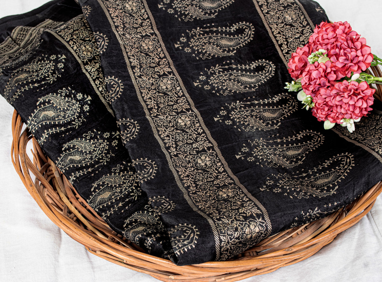 Sanskriti Vintage Black Pure Satin Sarees Banarasi Brocade Zari Hand-Woven 5 YD