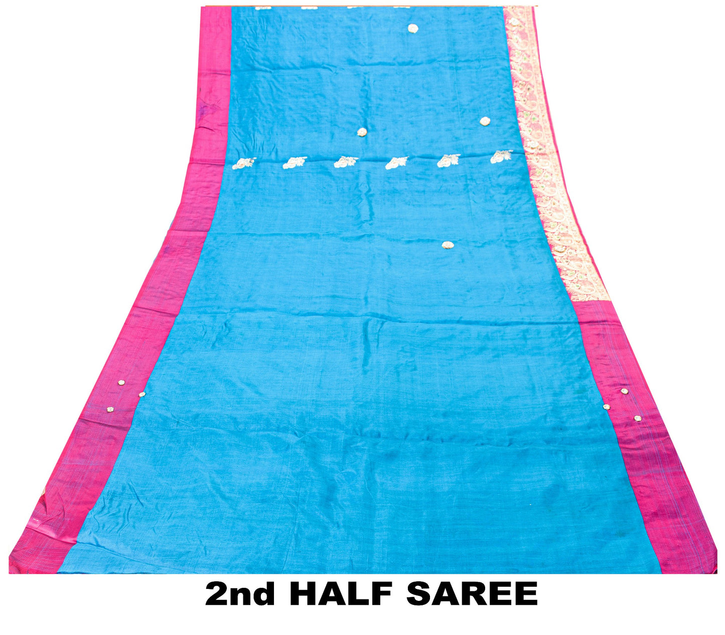 Sanskriti Vintage Blue-Pink Pure Satin Sarees Banarasi Brocade Hand Beaded 5 YD