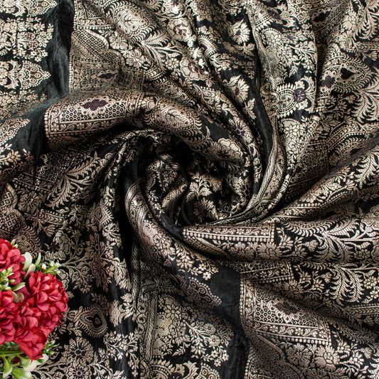 Sanskriti Vintage Black Pure Satin Sarees Banarasi Brocade Zari Hand-woven 5+Yd