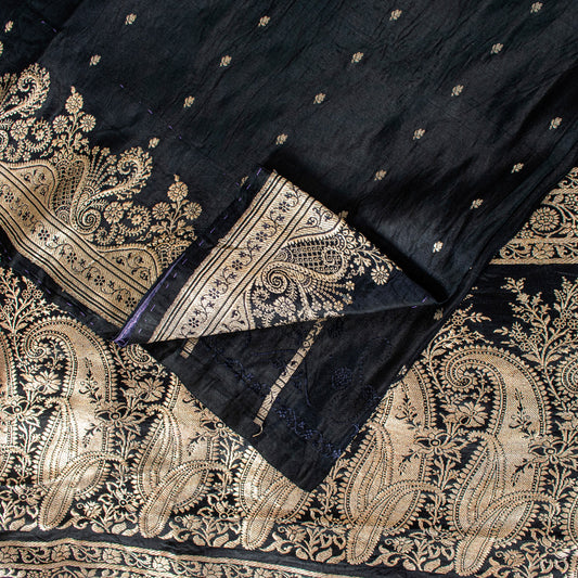 Sanskriti Vintage Black Pure Satin Sarees Banarasi Brocade Zari Hand-Woven 5+Yd