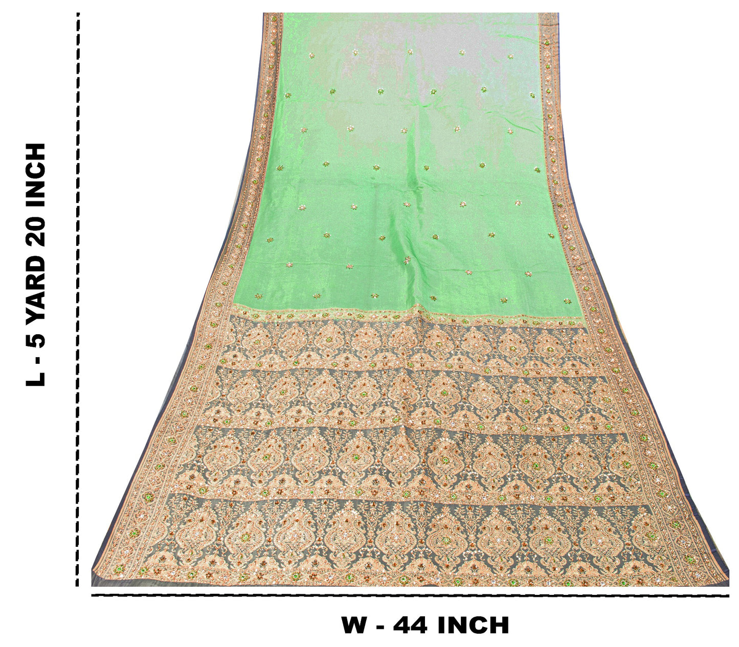 Sanskriti Vintage Green Pure Satin Sarees Banarasi Brocade Hand-Woven Bead 5.5YD