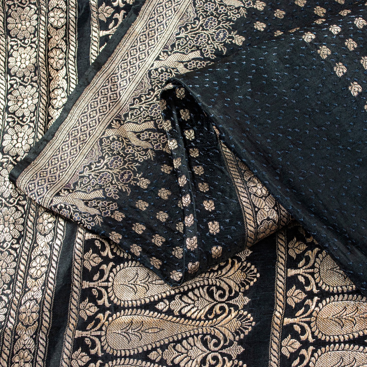 Sanskriti Vintage Black Pure Satin Sarees Banarasi Brocade Zari Handwoven 4.85YD