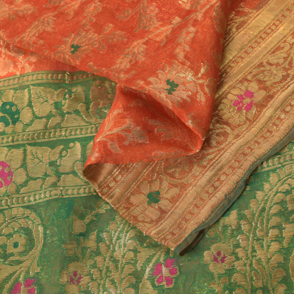 Sanskriti Vintage Orange Pure Silk Saree Banarasi Brocade Zari Hand-Woven 5+YD