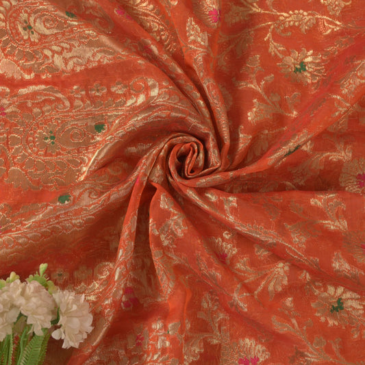 Sanskriti Vintage Orange Pure Silk Saree Banarasi Brocade Zari Hand-Woven 5+YD
