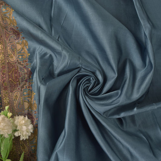 Sanskriti Vintage Gray-Blue 100%Pure Silk Saree Tanchoi Brocade Hand-Woven 5.5YD