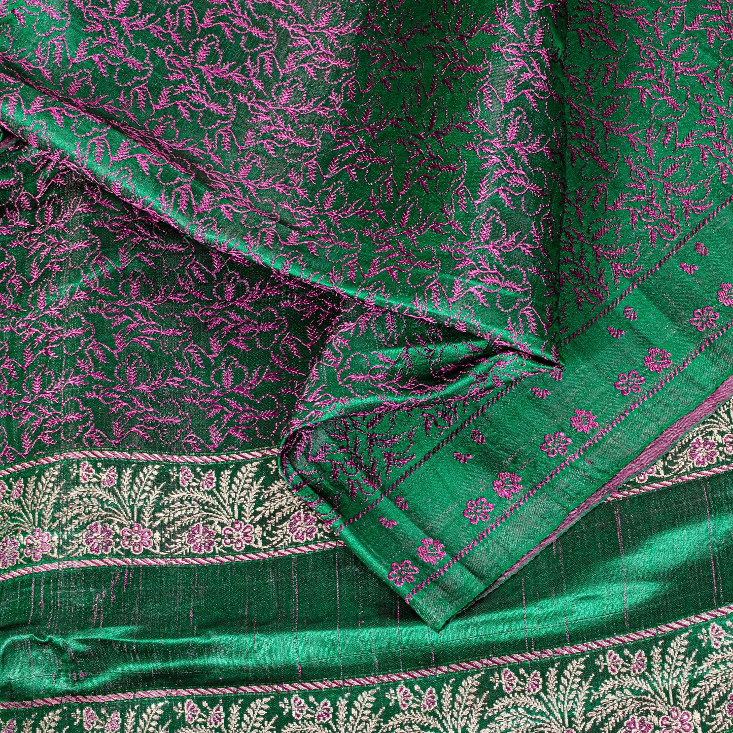 Sanskriti Vintage Green Pure Satin Saree Banarasi Brocade Zari Hand-Woven 5+Yard