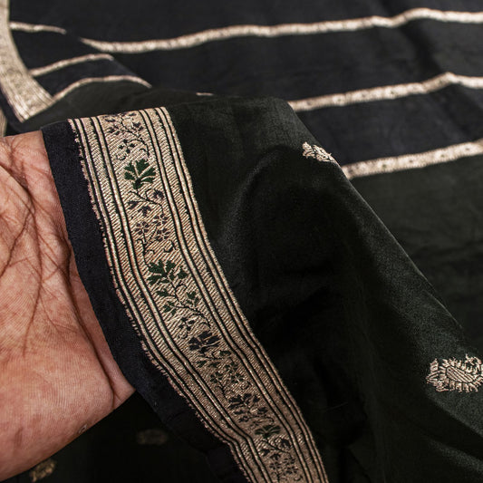 Sanskriti Vintage Black Pure Satin Saree Banarasi Brocade Zari Hand-Woven 5+YD