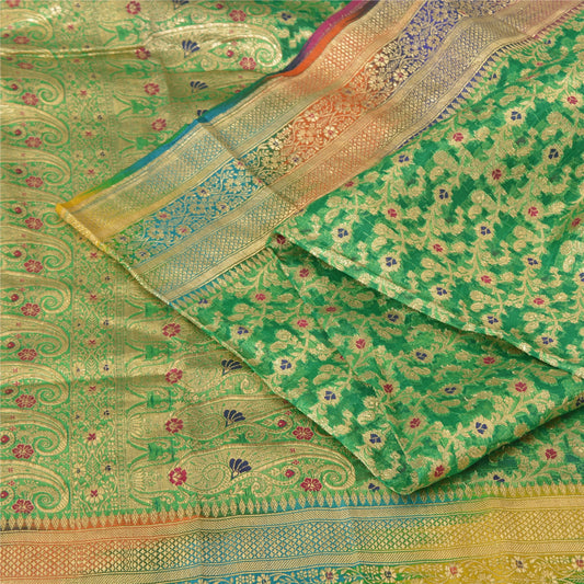 Sanskriti vintage Green Sarees Pure Silk Hand Woven Banarasi/Brocade Fabric Sari