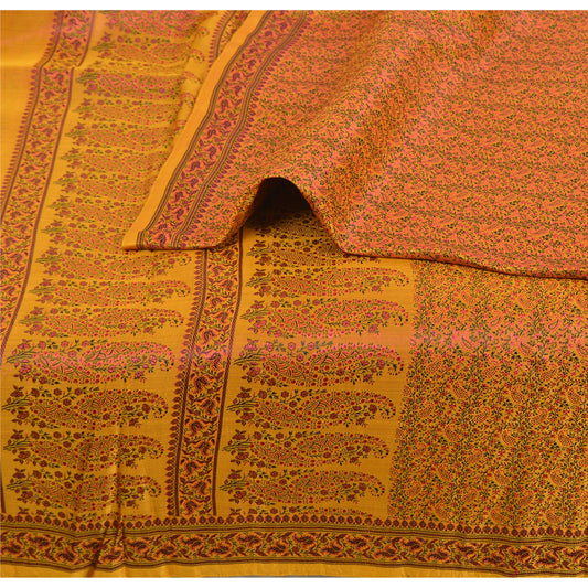 Sanskriti Vintage Indian Mustard Pure Satin Silk Banarasi Hand Woven Craft Sari